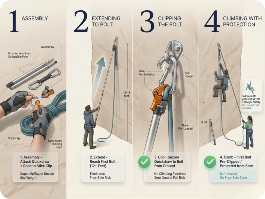 Four-step instructional sequence showing stick clip usage: assembling stick clip with quickdraw and rope, extending pole to reach first bolt at 12+ feet, clipping the bolt hanger from ground, and climber beginning ascent with first bolt pre-clipped for safety.