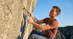 Why the 15ft Rule Is Your Best Defense Against Hitting the Deck Climber using stick clip device to safely clip first bolt at 12 feet on outdoor sport climbing route