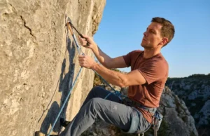Why the 15ft Rule Is Your Best Defense Against Hitting the Deck Climber using stick clip device to safely clip first bolt at 12 feet on outdoor sport climbing route