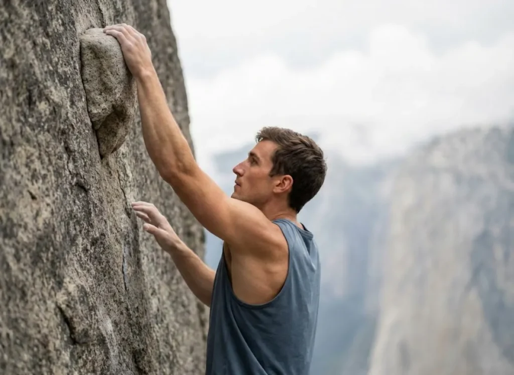 Side profile of a climber utilizing a straight-arm rest position on a rock wall, wearing Patagonia gear, demonstrating energy conservation mechanics.