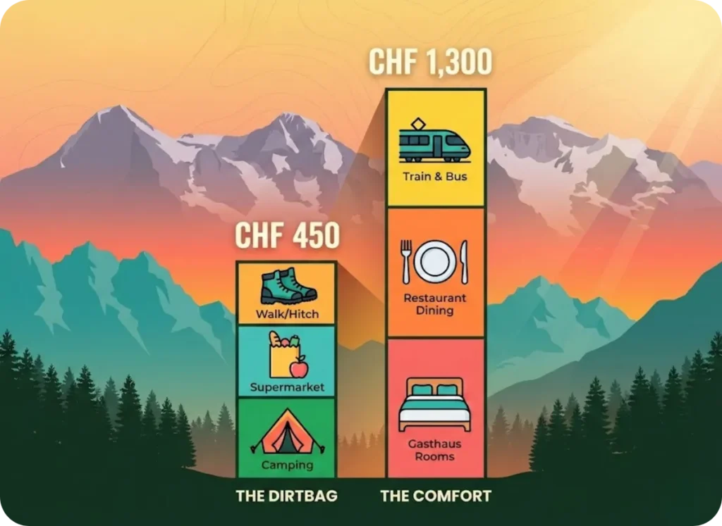 A split comparison infographic showing stacked bar charts for "The Dirtbag" versus "The Comfort" travel budgets in Switzerland, set against a mountain sunset background with icons for camping, dining, and transport.