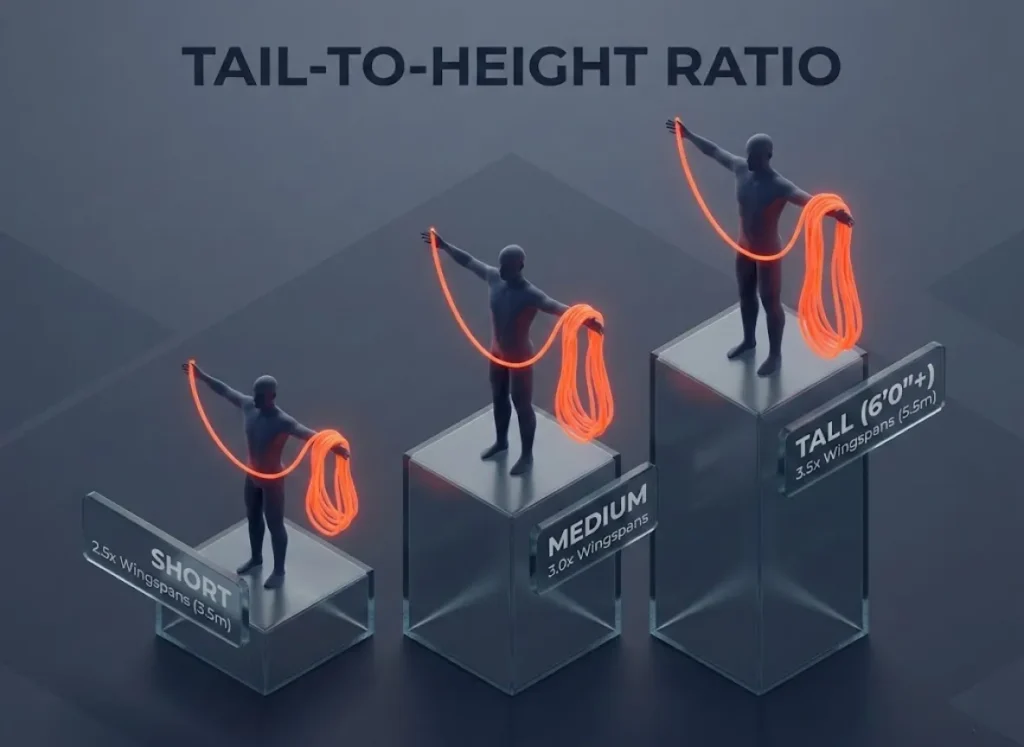 A premium 3D infographic titled 'Tail-to-Height Ratio' visualizing the amount of rope tail needed for a climber's backpack carry. The chart compares three climber profiles—Short, Medium, and Tall—against the required wingspans of rope: 2.5x, 3.0x, and 3.5x respectively.