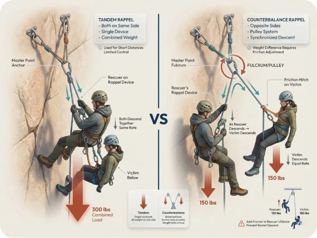 Side-by-side comparison diagram showing tandem rappel versus counterbalance rappel systems: weight distribution, rope path through anchor, force vectors on rescuer and victim, and mechanical differences between the two techniques.