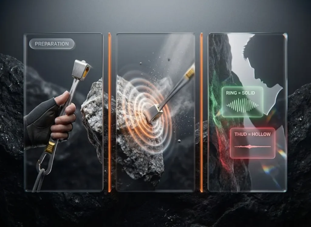 A premium 3-panel 3D visualization showing the rock climbing tap test protocol: a climber approaching with a nut tool, tapping the rock to generate sound waves, and listening to determine rock solidity, with Ring/Solid and Thud/Hollow indicators.