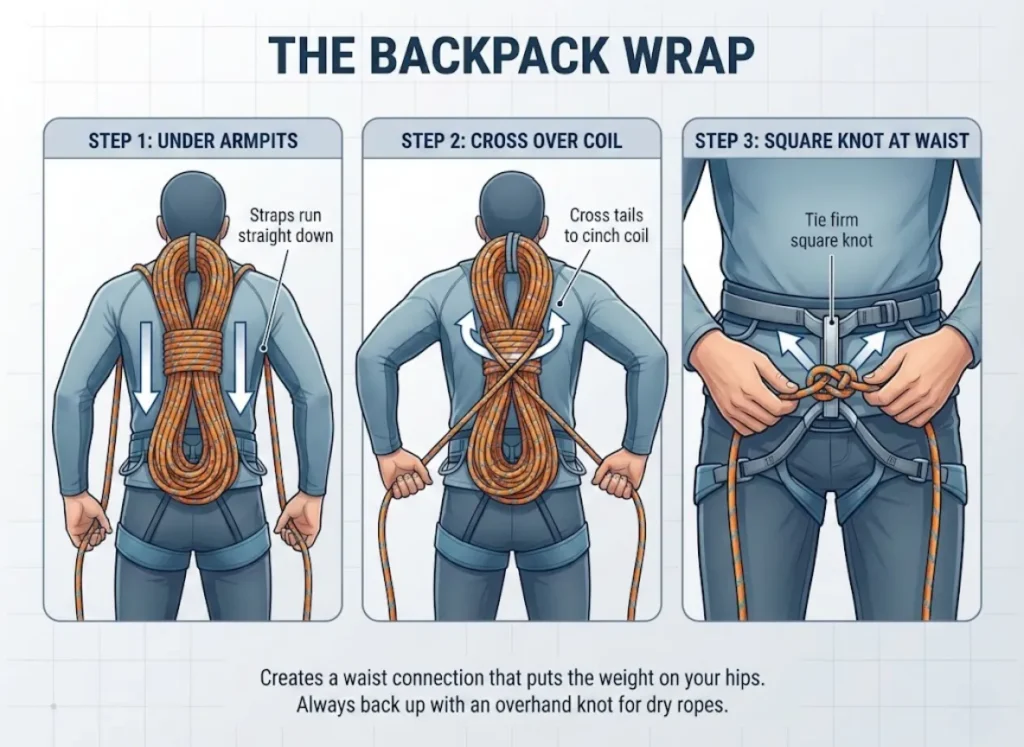 A three-panel technical illustration titled "The Backpack Wrap," demonstrating the steps to secure a coiled climbing rope to the body for carrying. Panel 1 shows straps under the armpits; Panel 2 shows them crossing over the coil behind the back; Panel 3 shows a square knot being tied at the waist.