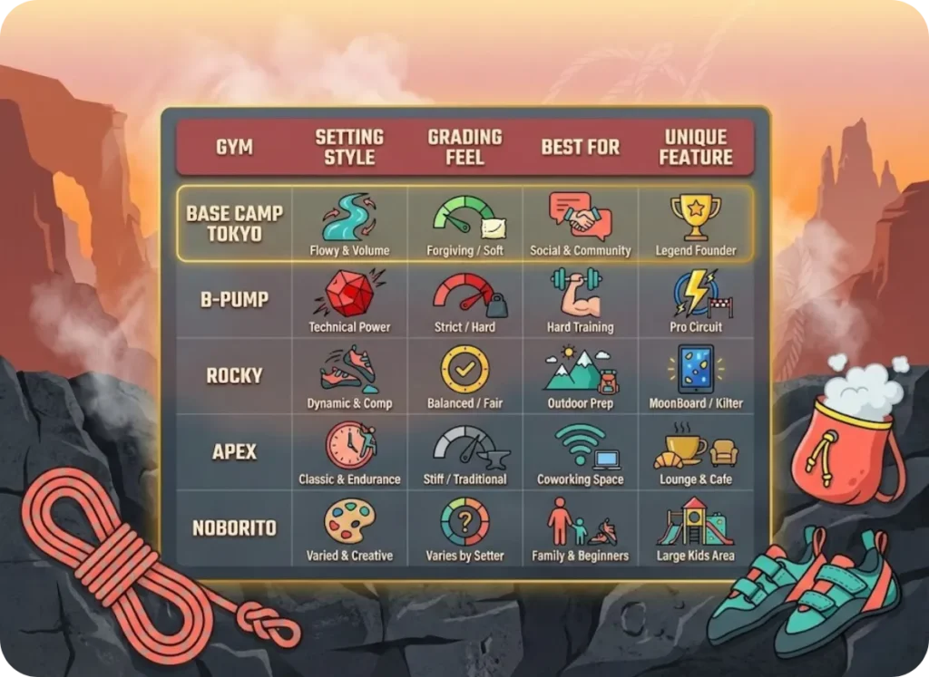 A detailed comparison matrix of Tokyo climbing gyms set against a sunset rock face background, featuring Base Camp Tokyo and B-Pump with illustrated icons for setting style, grading feel, and community features.