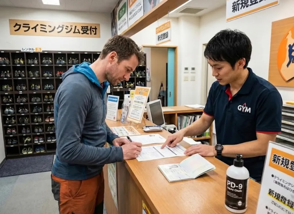 Foreign climber completing registration at Tokyo climbing gym with liquid chalk and passport