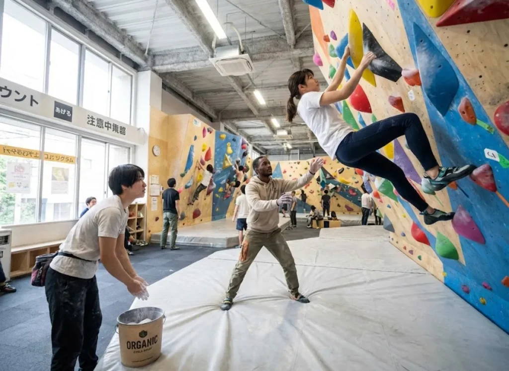 Climbers using Tokyo bouldering gym showing community gym-hopping culture