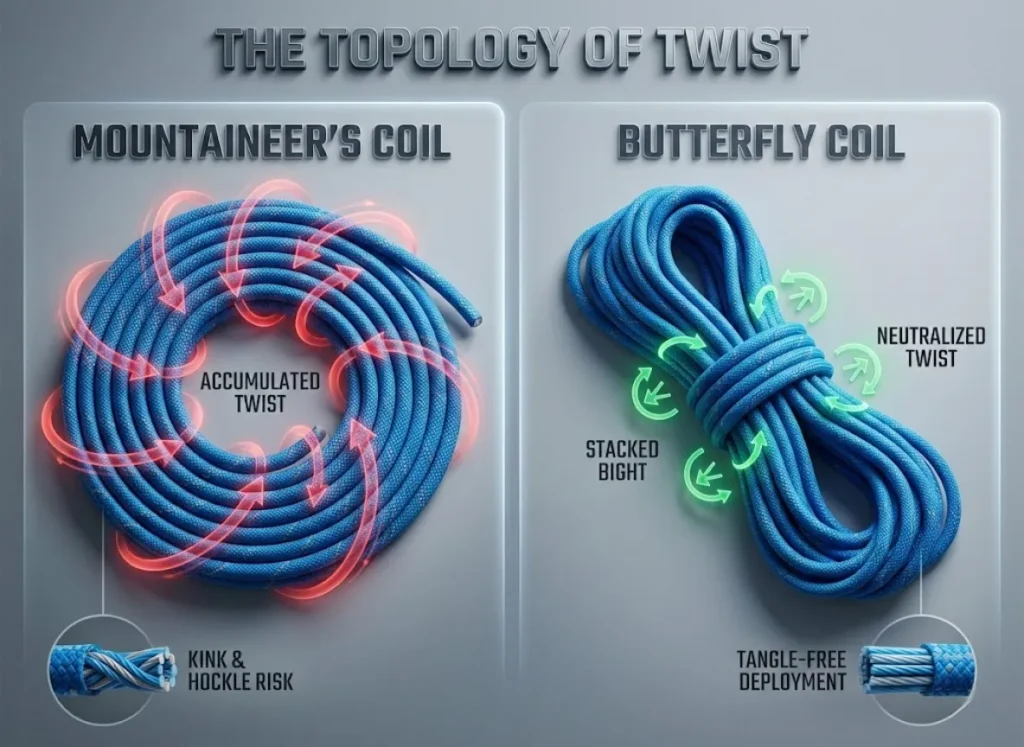 A professional side-by-side comparison infographic titled 'The Topology of Twist.' The left side illustrates the 'Mountaineer’s Coil' forming a 'Helix' structure that accumulates rope twist and kinks. The right side illustrates the 'Butterfly Coil' forming a 'Stacked Bight' structure that neutralizes twist for a relaxed, knot-free rope.