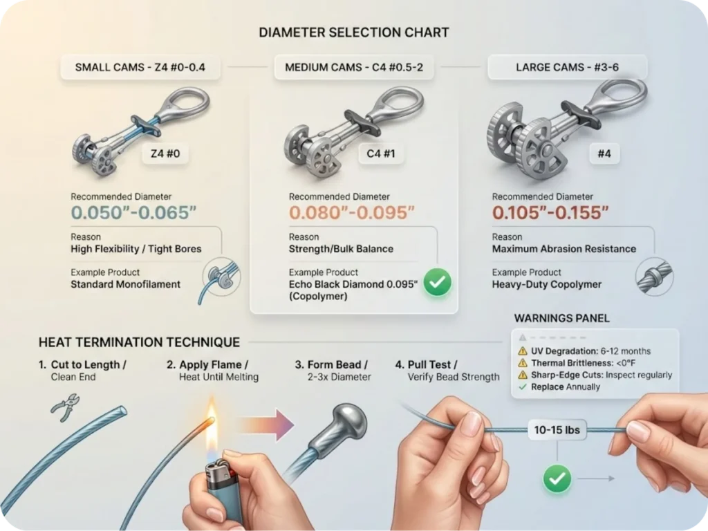 Visual comparison chart showing trimmer line diameter options matched to cam sizes (small, medium, large), with step-by-step heat termination technique illustrated showing flame application, bead formation, and pull-test verification.