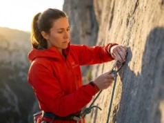 UIAA Safety Standards Explained: Know Your Gear Limits A professional climber on a limestone cliff face clipping a rope into a quickdraw, illuminated by golden hour sunlight, highlighting the texture of Arc'teryx gear and the focus in their eyes.