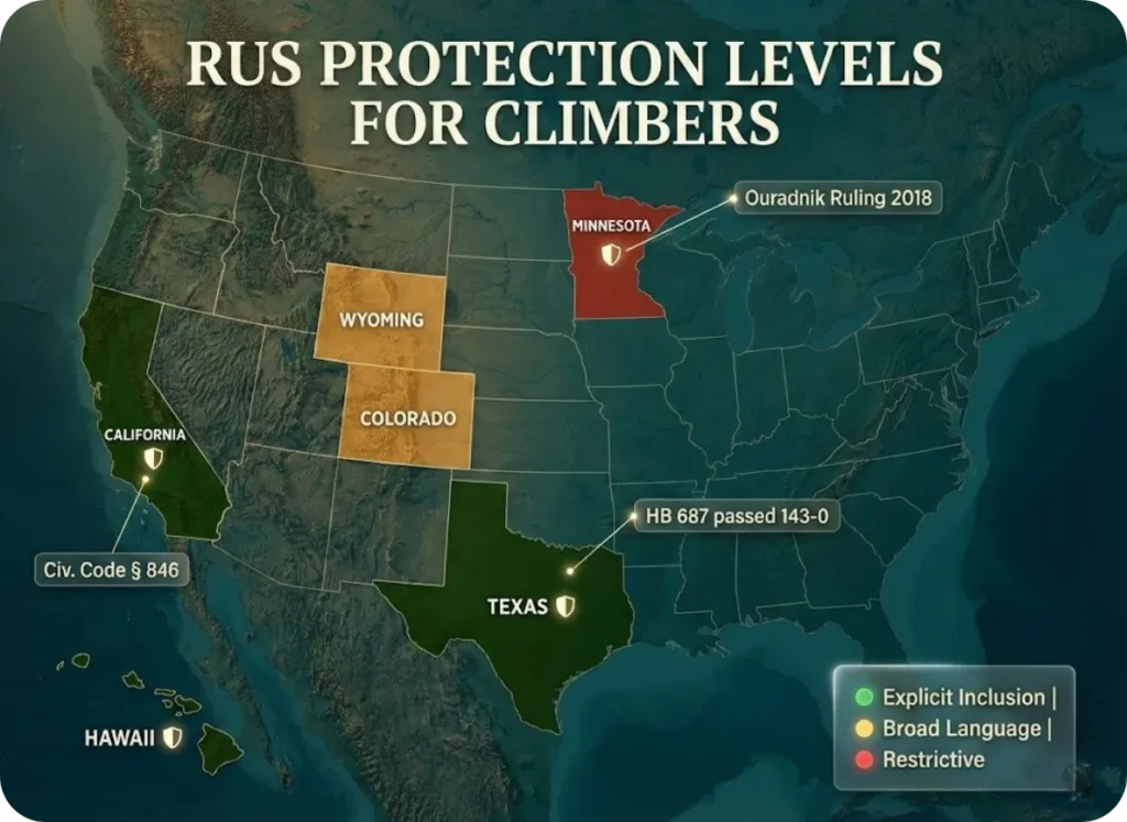 US map infographic showing climbing liability protection levels with Texas California Hawaii in green and Minnesota in red