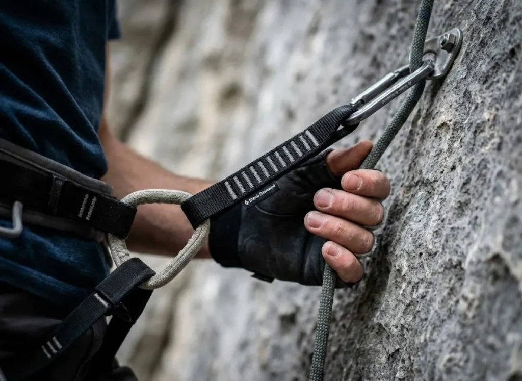 Close-up of a climbing rope pulled taut against a harness, illustrating the kinetic tension and physics of a weight difference in climbing.