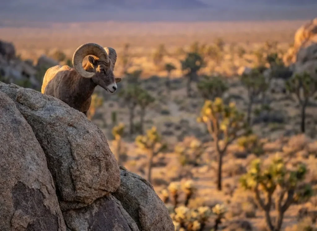 Desert bighorn sheep alert on rocks in climbing area demonstrating wildlife sensitivity