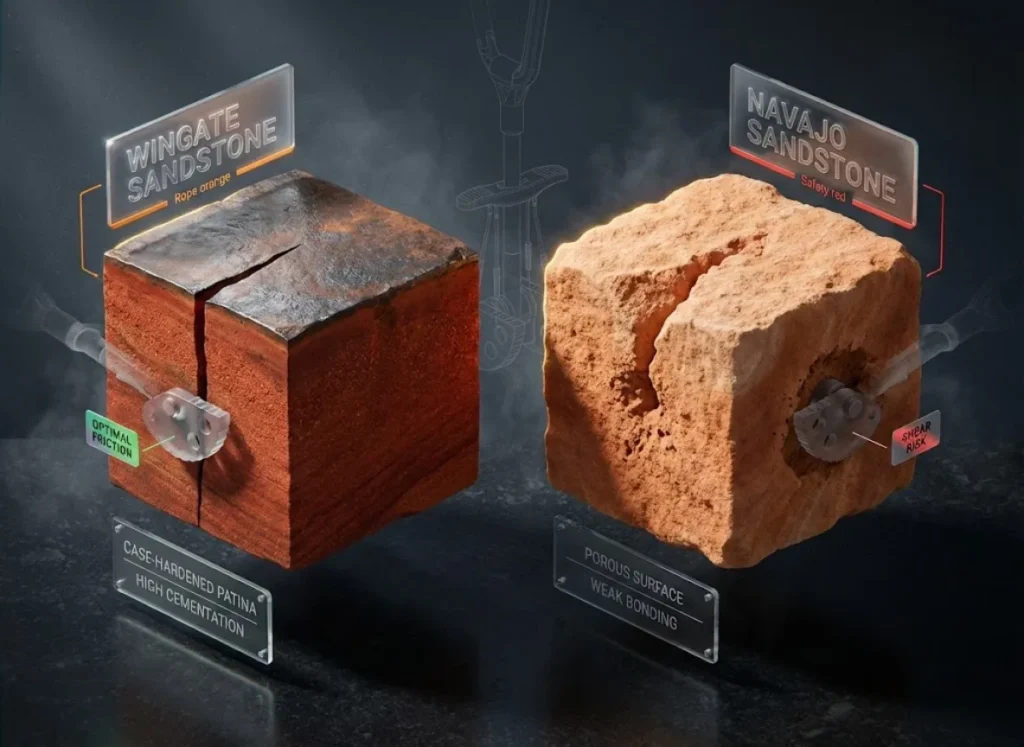 A photorealistic 3D cross-section comparison of Wingate and Navajo sandstone types for climbers, highlighting the dark protective patina on Wingate versus the porous, crumbly structure of Navajo rock, with floating technical safety data overlays.