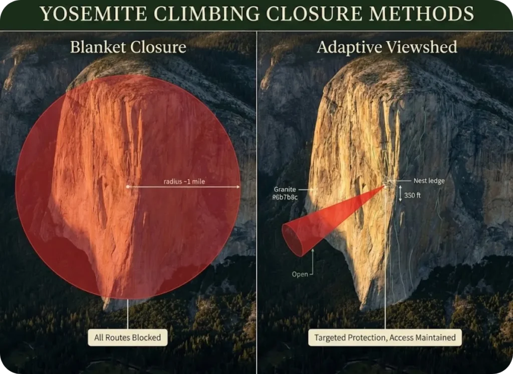 Comparison infographic showing Yosemite National Park's adaptive raptor protection program; left side shows historical blanket closures blocking entire cliffs, right side shows modern viewshed closures protecting only the specific nest line-of-sight while keeping other climbing routes open.