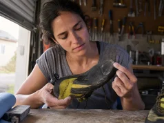 How to Resole Climbing Shoes So They Don’t Peel Worn climbing shoe held sole-up on a workbench before a resole, toe rubber thinned through