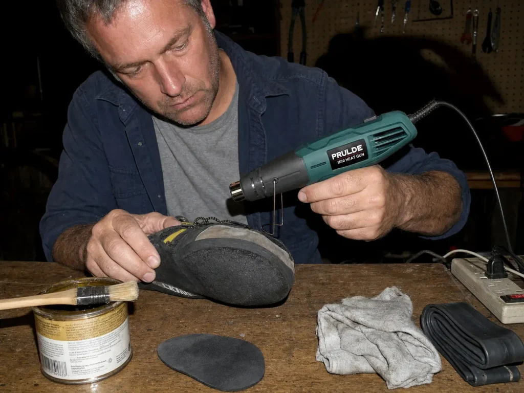 Tack-activating contact cement on a climbing shoe with a mini heat gun during a DIY resole