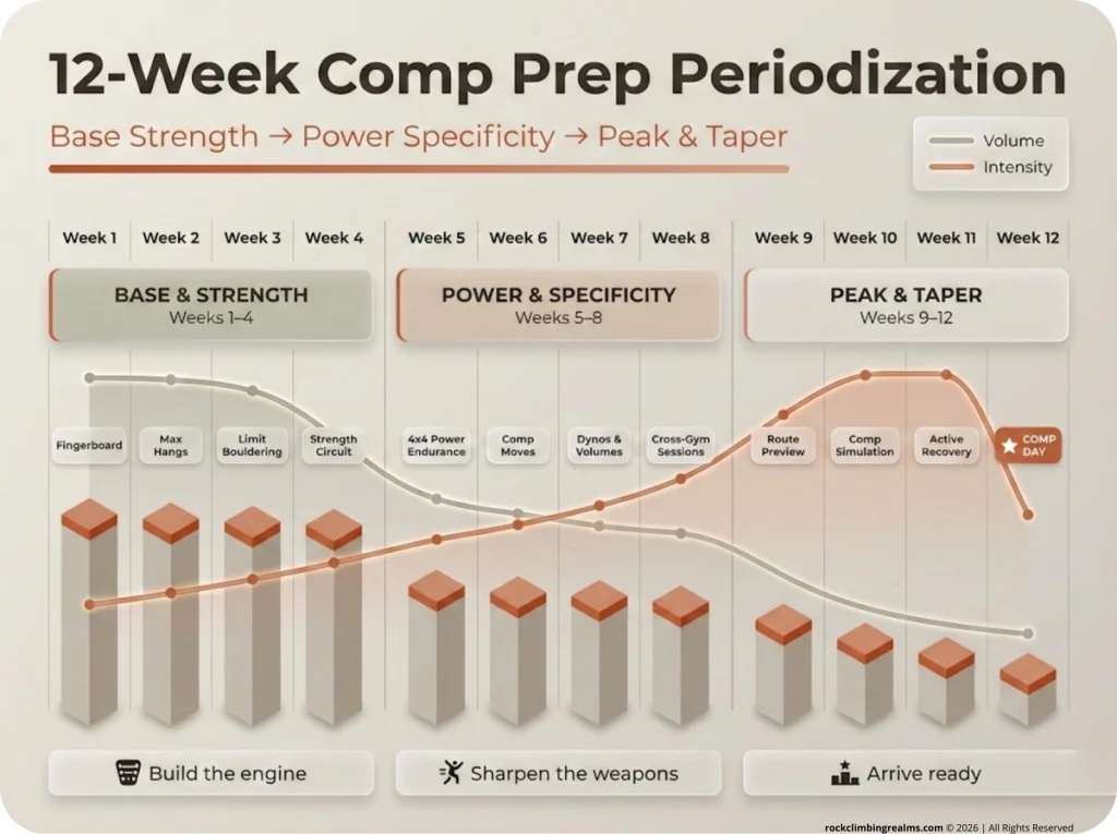 12-week climbing competition periodization timeline infographic showing three training blocks — Base Strength, Power Specificity, and Peak Taper — with session types, volume bars, and intensity curves per week.
