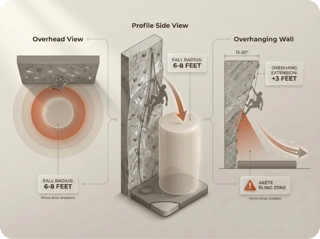Technical diagram showing 3D fall zone cylinder beneath climbing wall with overhead and profile views, including overhanging wall extension and arête blind spot warning zone.