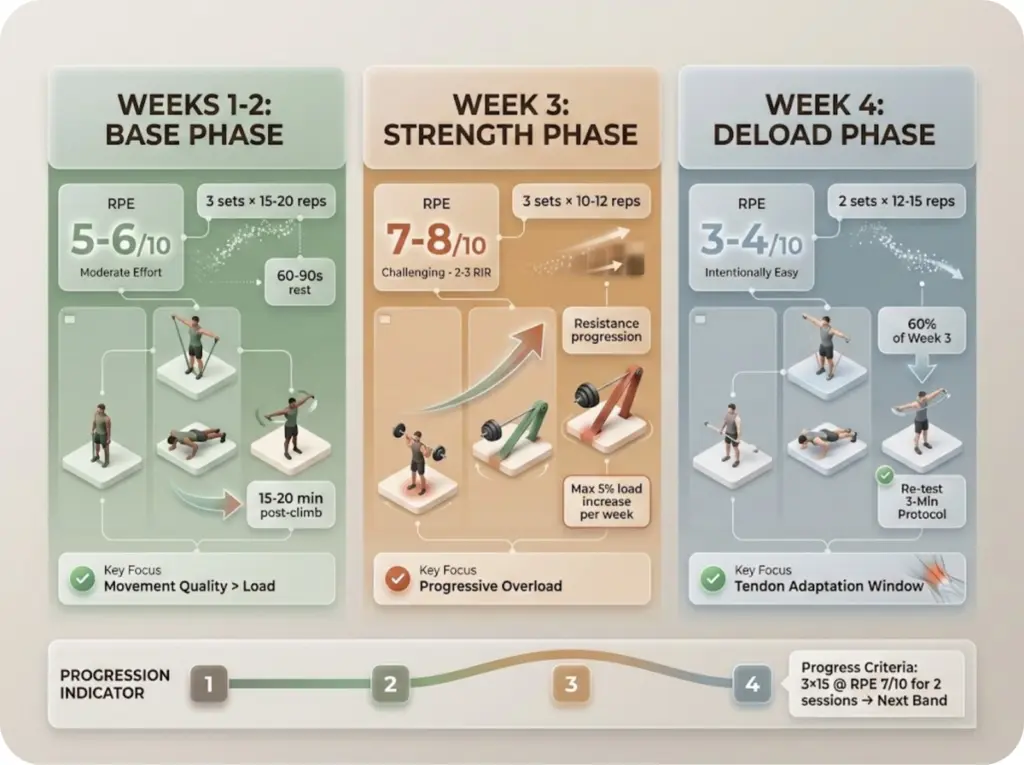 Four-week antagonist strength training calendar for climbers showing RPE progression, rep ranges, and exercise selection with color-coded intensity phases across base, strength, and deload periods.