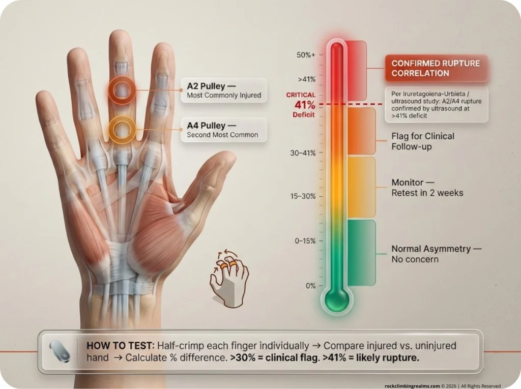 Anatomical hand diagram showing A2 and A4 pulley locations with a deficit percentage scale from 0% healthy to 50%+ confirmed rupture, highlighting the critical 41% threshold with ultrasound correlation data.