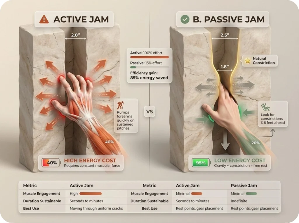 Side-by-side cross-section diagram comparing active jam with muscular force against parallel walls versus passive jam slotted behind constriction with gravity doing the work.
