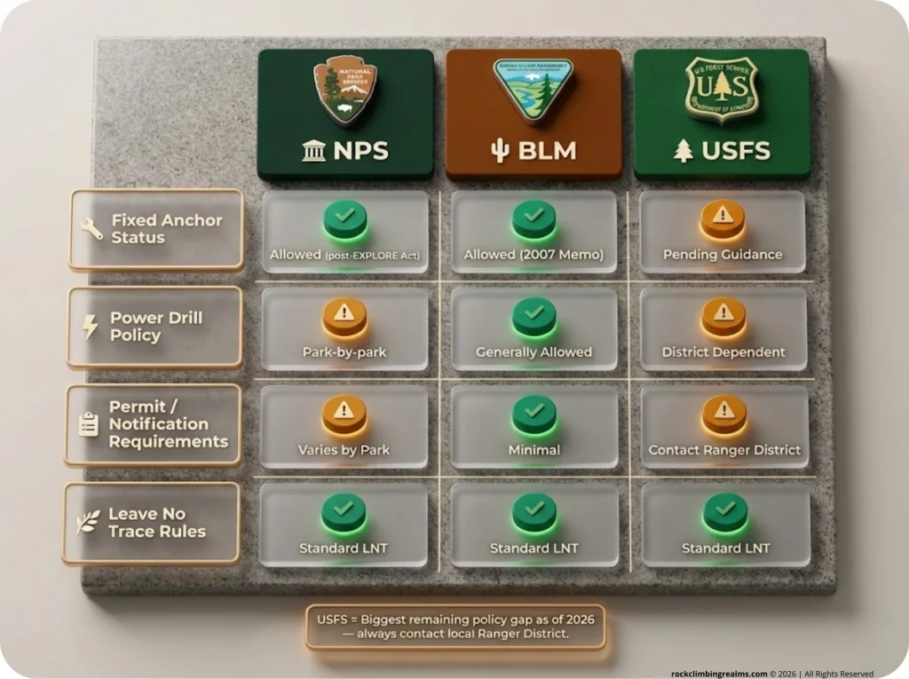 Comparison matrix of NPS vs BLM vs USFS fixed anchor policies with color-coded status icons for drills, permits, and LNT rules.