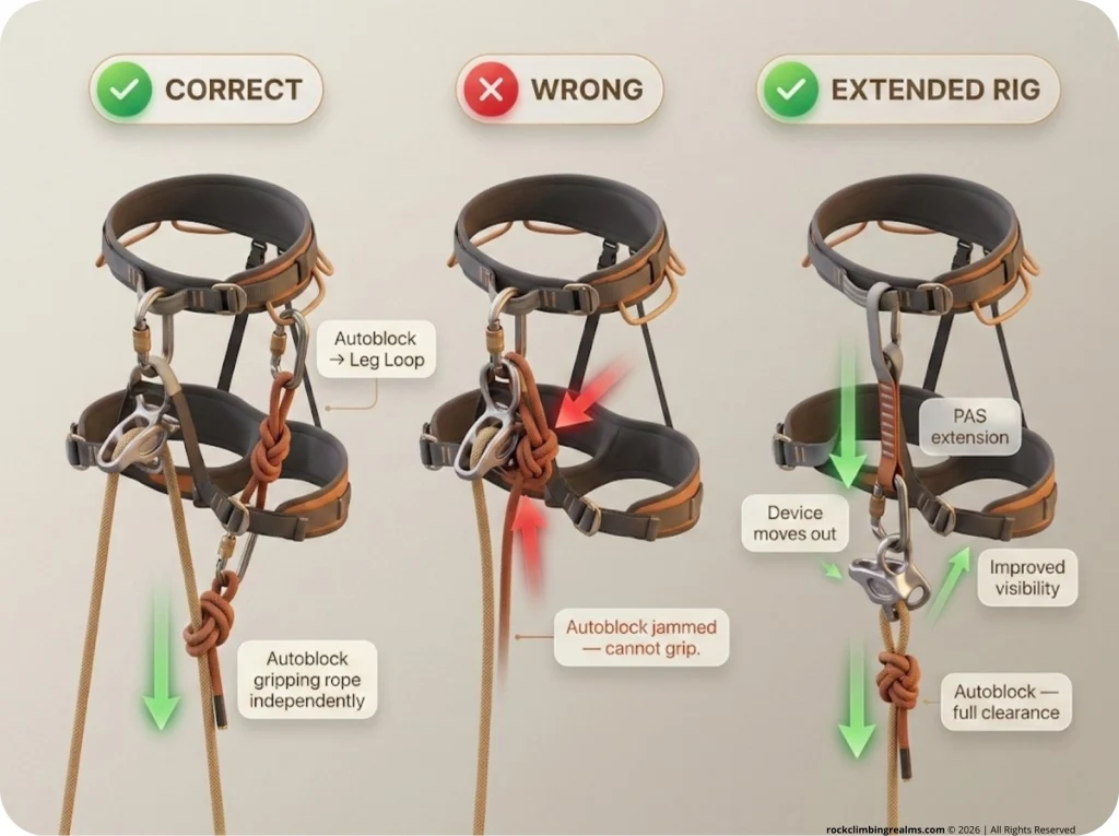 Three-panel climbing infographic comparing correct autoblock leg loop placement, wrong jammed belay loop position, and extended rappel rig with PAS clearance arrows.