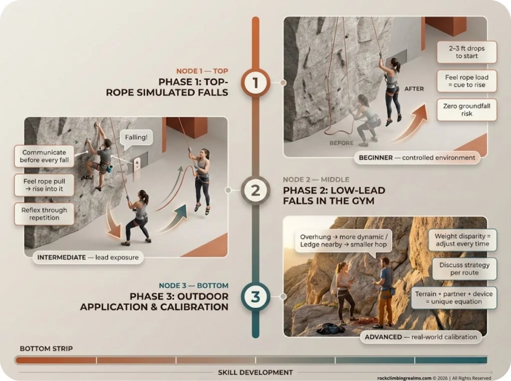 Three-phase climbing belay practice progression infographic showing body position callouts from top-rope simulated falls through gym lead to outdoor partner calibration.