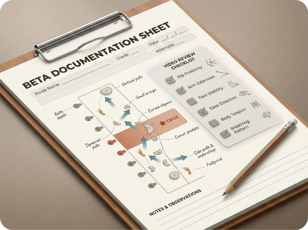 Beta documentation template showing route profile with numbered bolt stations, hold annotations, directional arrows, and video review checklist in field notebook style.