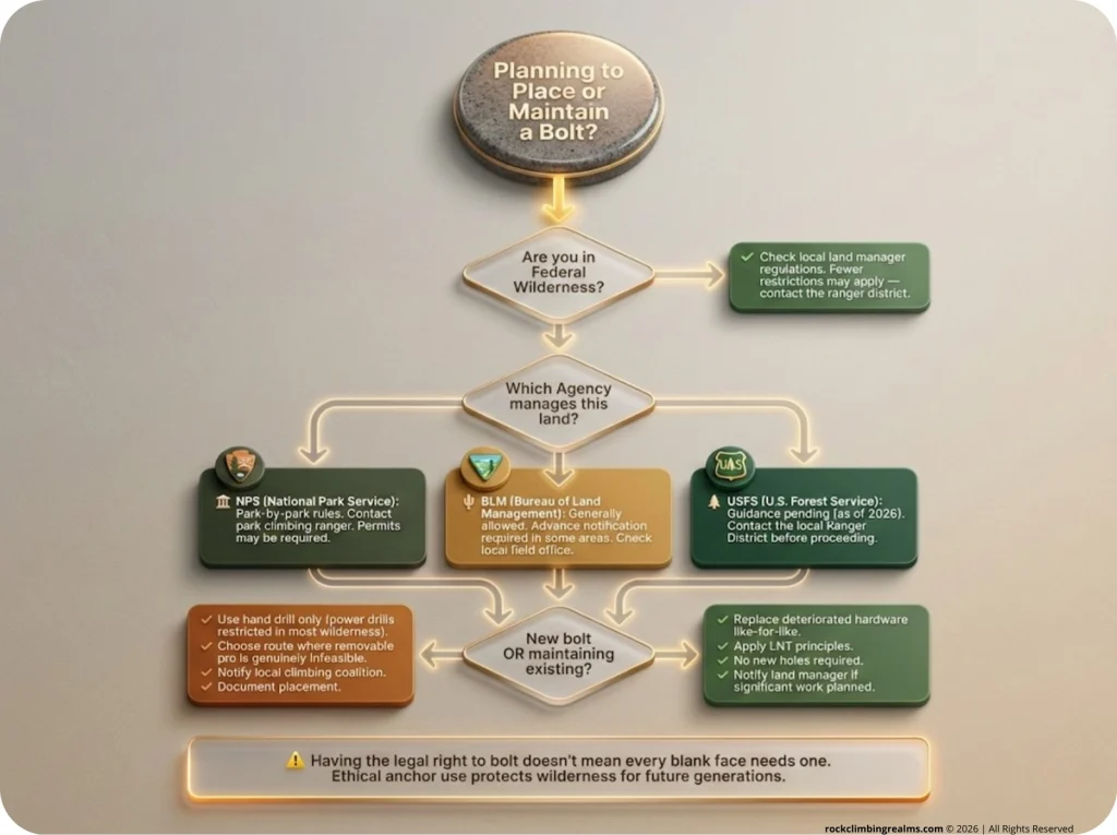 Decision tree flowchart guiding climbers through federal wilderness bolt placement rules for NPS, BLM, and USFS with required actions.