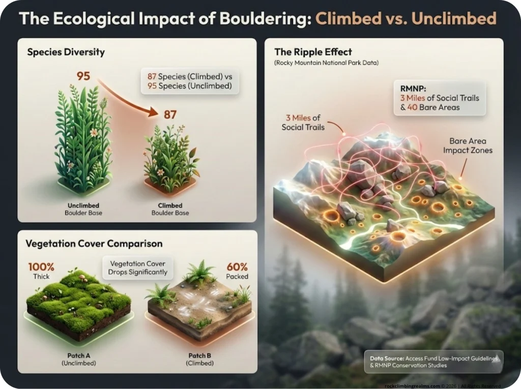 Data visualization comparing vegetation impact at climbed versus unclimbed boulder bases, featuring a bar chart of species count, vegetation cover percentage, and an impact map of Rocky Mountain National Park.