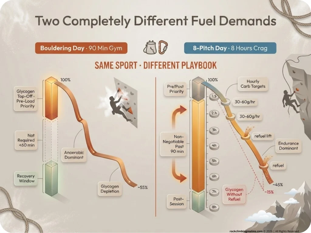 Two-column infographic comparing bouldering day vs. 8-pitch day fueling strategy, showing glycogen depletion curves and hourly carb targets for each climbing type.