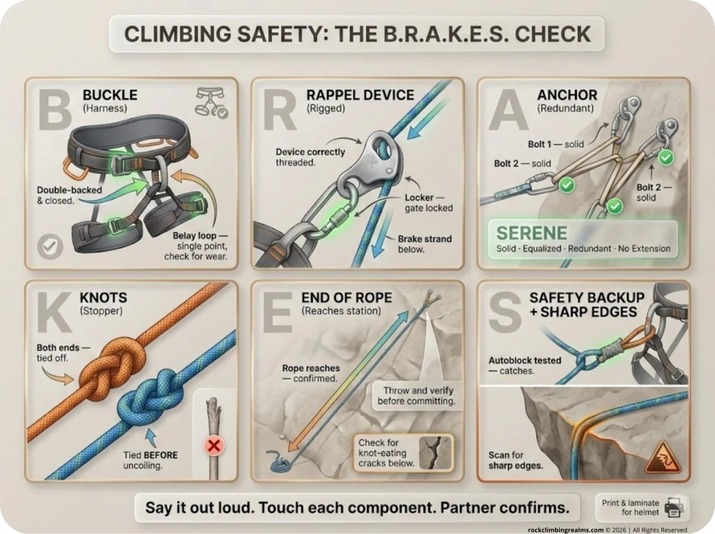 Six-panel BRAKES pre-rappel safety checklist infographic: harness buckle, rigged device, redundant anchor, stopper knots, rope length, and autoblock edge check with printable layout.