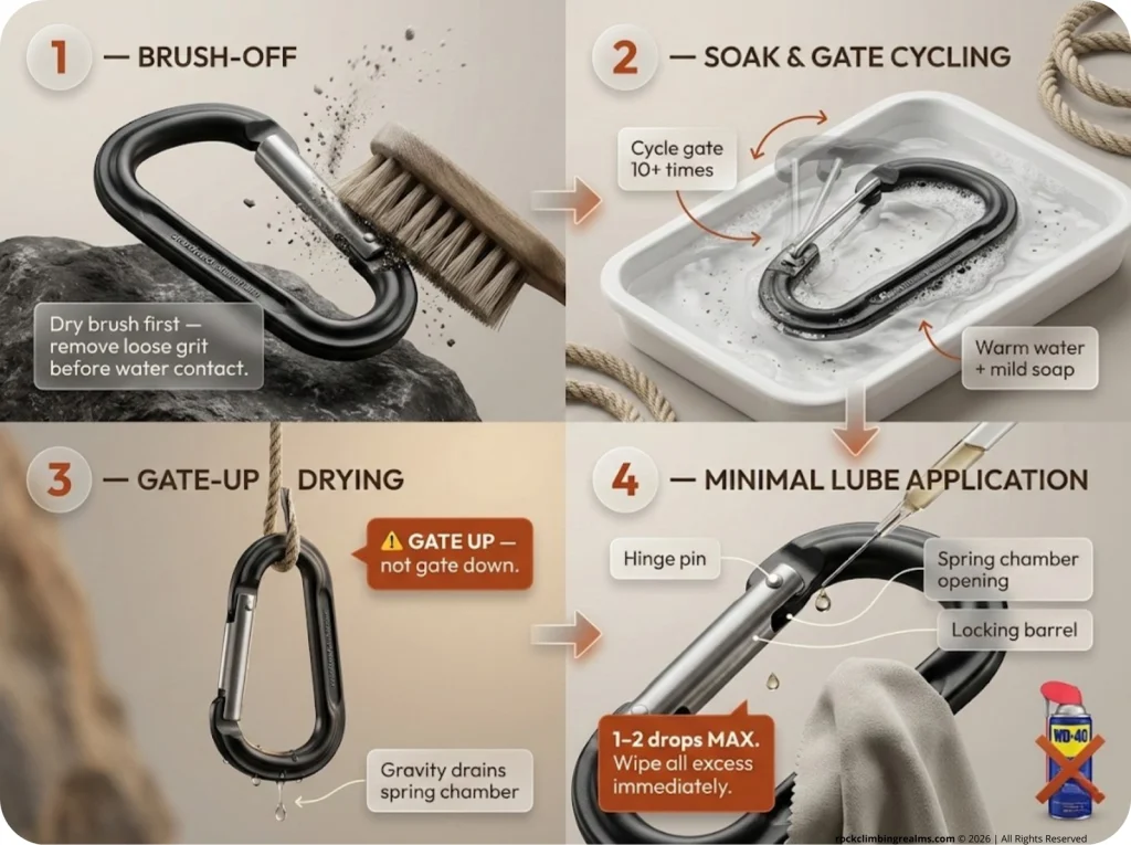 4-panel infographic showing carabiner cleaning steps: brush-off, soak with gate cycling, gate-up drying, and 1-2 drop hinge lubrication.