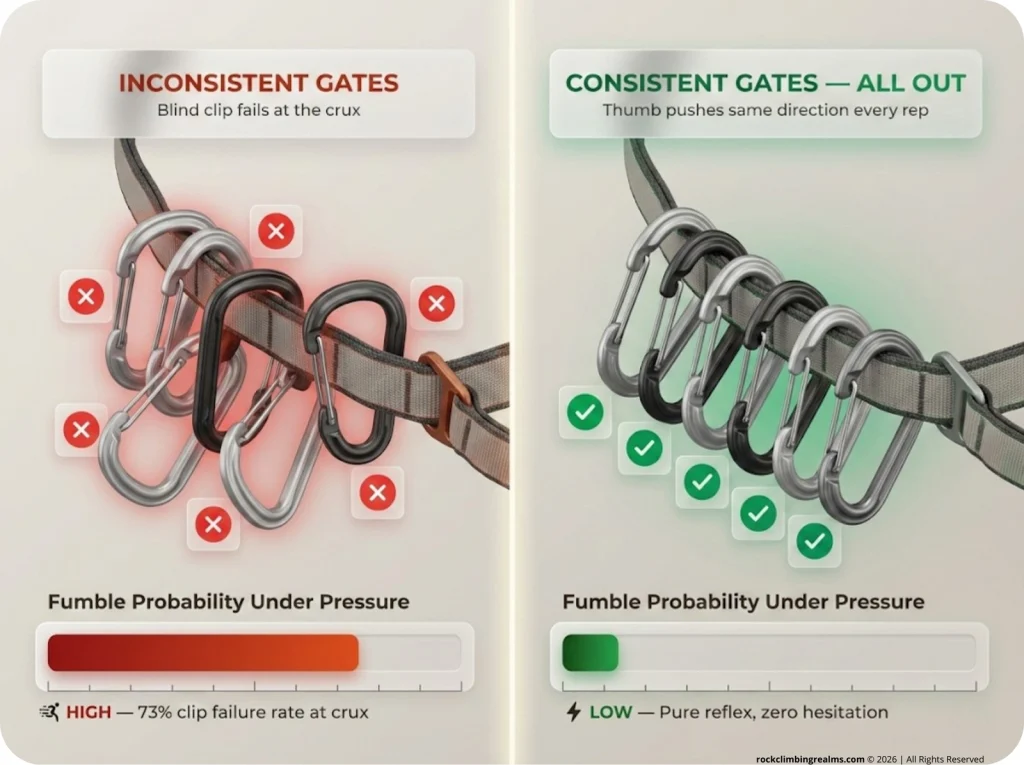 Split-view infographic comparing inconsistent carabiner gate orientation with red X marks vs. consistent outward-facing gates with green checks, plus fumble probability bar chart comparison.