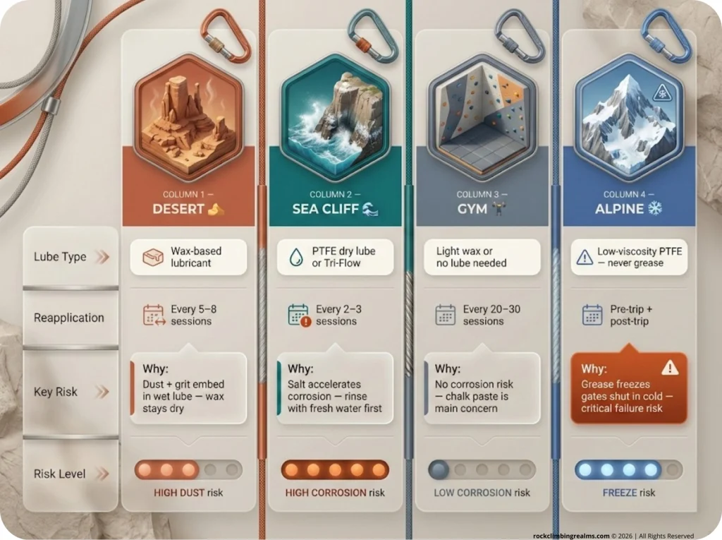 4-column lube decision matrix for carabiners by environment: Desert, Sea Cliff, Gym, and Alpine, with recommended lube type and reapplication frequency.
