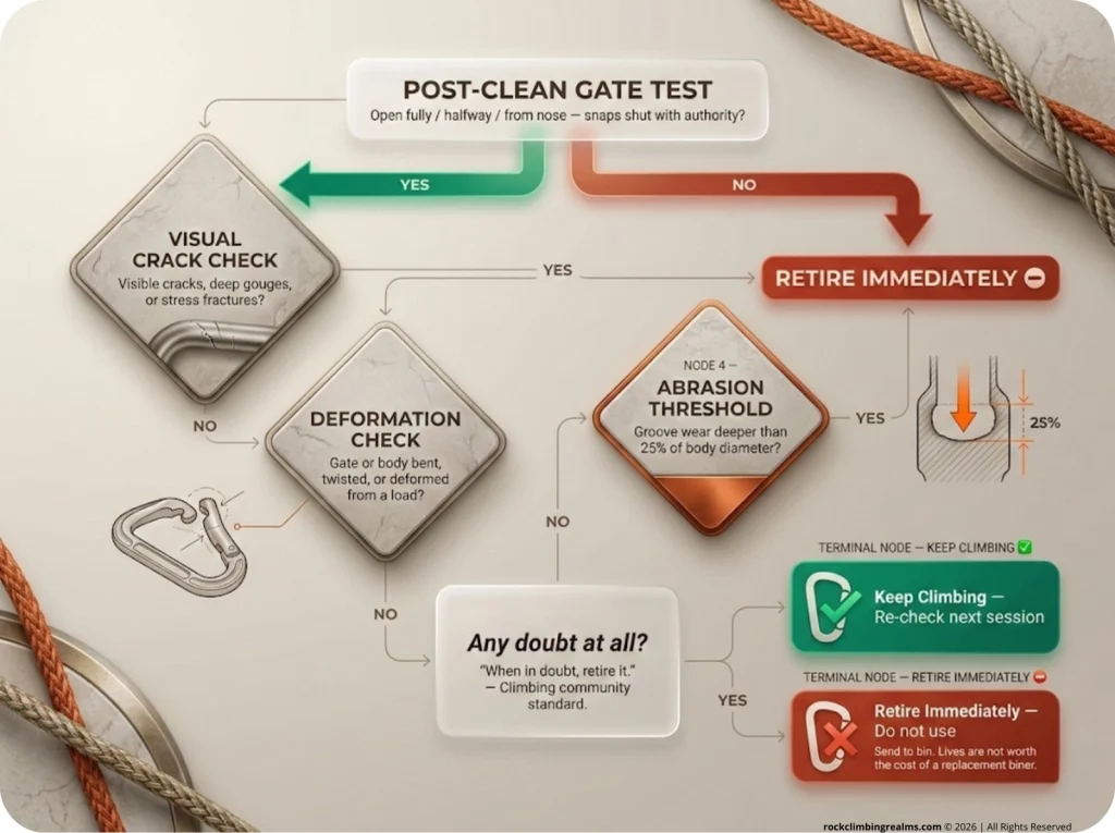 Visual retirement decision flowchart for carabiners: from post-clean gate test through crack, deformation, and abrasion checks to Keep Climbing or Retire Immediately.