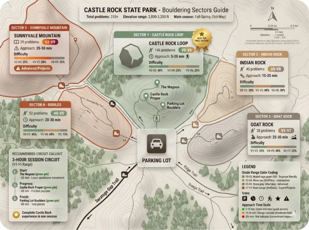 Annotated topographic map of Castle Rock State Park showing five bouldering sectors with color-coded grade ranges, approach times, and problem counts.
