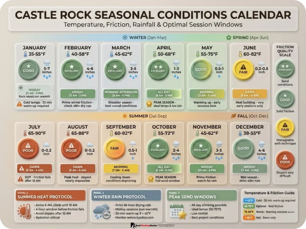 12-month calendar showing Castle Rock climbing conditions with temperature ranges, friction quality ratings, rainfall data, and recommended session windows by season.