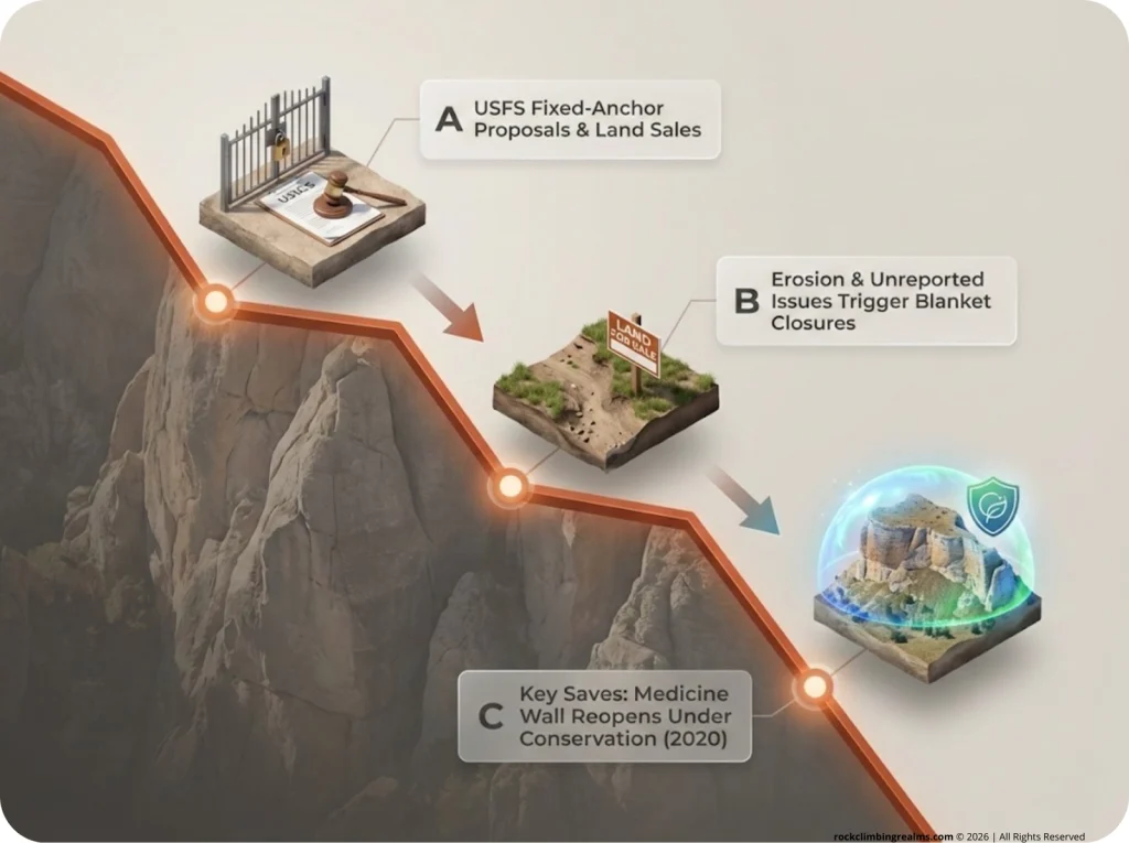 A visual timeline showing the history of U.S. climbing areas threatened or saved over the past decade, featuring a declining trendline and callout boxes for policy changes and conservation efforts.