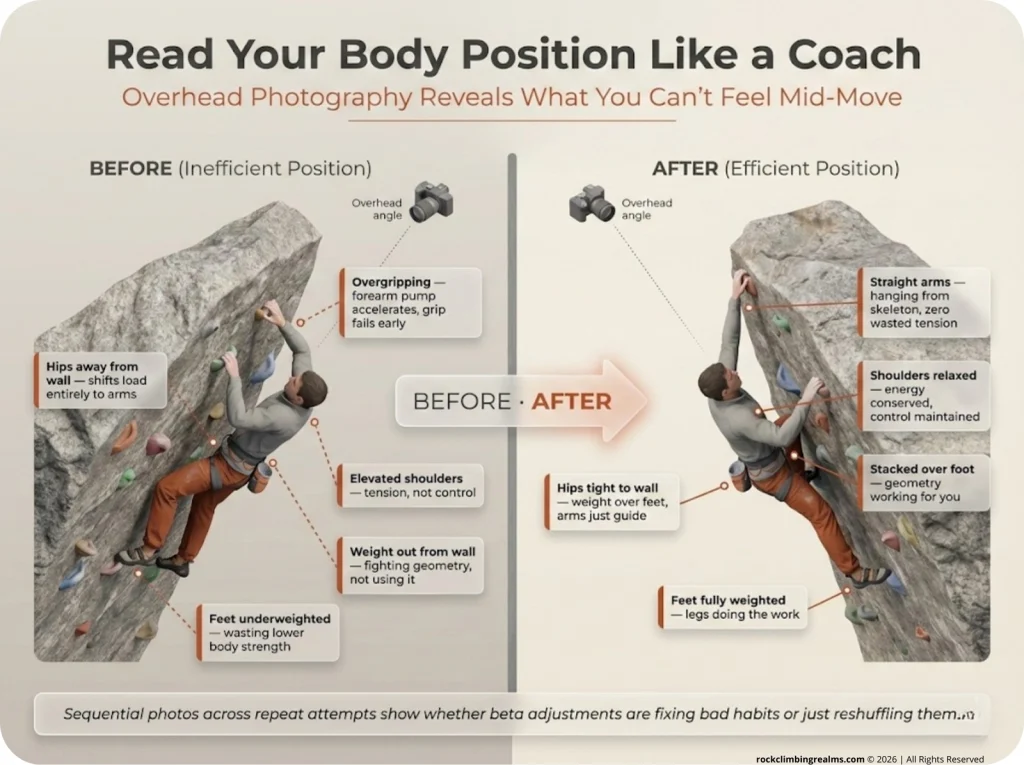 Annotated before and after overhead climbing photography comparison showing incorrect body position with hips far from wall and overgripping versus correct position with hips tight, feet weighted, and relaxed grip, with labeled correction notes.