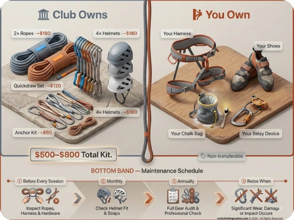Climbing club starter kit infographic showing what gear the club owns vs. what members own personally, with approximate costs and a maintenance schedule for shared equipment.