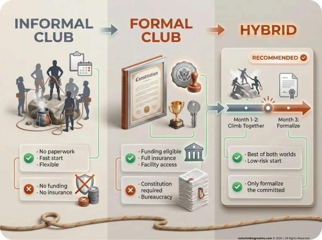 Side-by-side comparison infographic of Informal vs Formal vs Hybrid climbing club structures, showing pros, cons, and the hybrid 3-month formalization timeline.