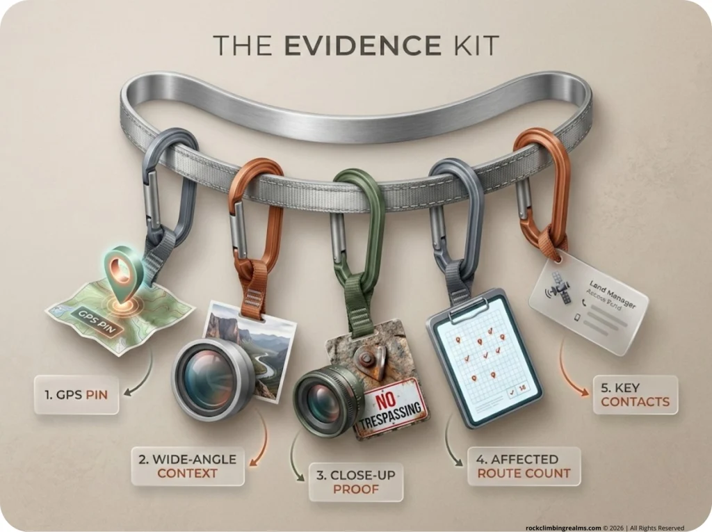 A visual checklist structured like a climbing gear rack, displaying the 5 required elements for reporting a crag closure: GPS pin, wide photo, close-up photo, route count document, and contact card.