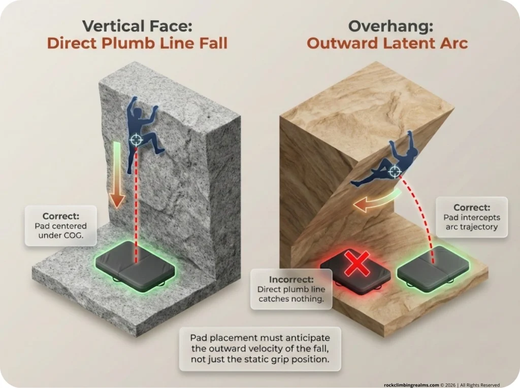 An infographic demonstrating bouldering fall vectors, comparing a straight downward trajectory on a vertical wall with an outward swinging arc on an overhanging wall, with correct crash pad placements.
