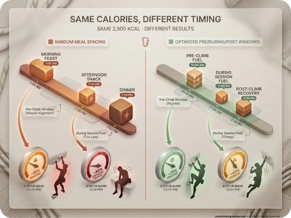 Side-by-side infographic comparing same 2,500 kcal day with random vs. optimized meal timing and glycogen availability at 2h and 4h climbing marks.