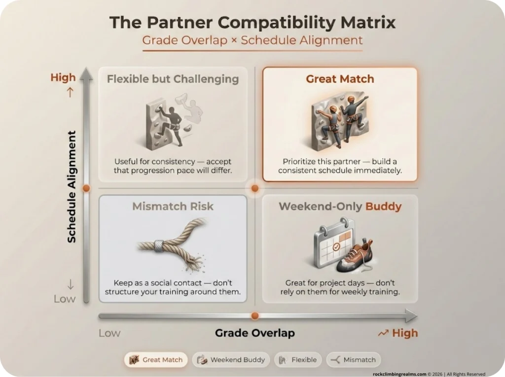 2x2 climbing partner compatibility matrix with Grade Overlap and Schedule Alignment axes showing four quadrants: Great Match, Weekend-Only Buddy, Flexible but Challenging, and Mismatch Risk.