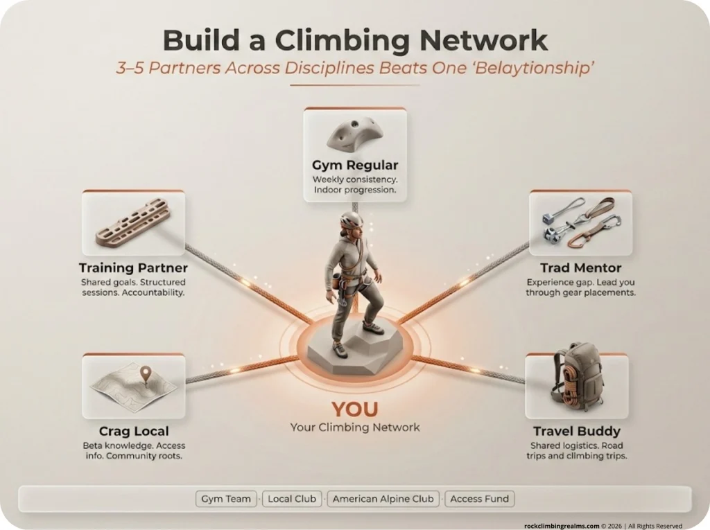 Hub-and-spoke network diagram showing a central climber connected to five partner types across different climbing contexts: Gym Regular, Trad Mentor, Travel Buddy, Training Partner, and Crag Local.